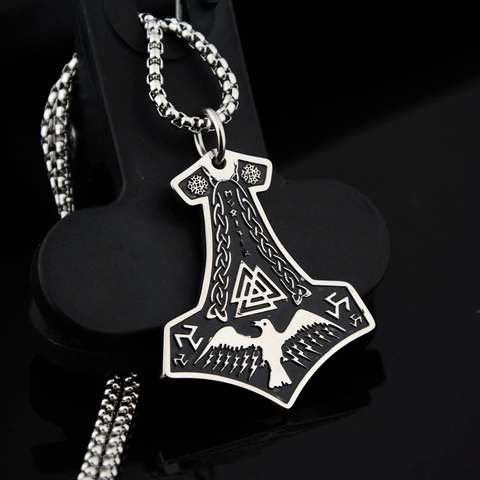Nordic Viking Mjolnir Pendant Necklace Stainless Steel Thor's Hammer Raven Valknut Rune Amulet Hip Hop Punk Jewelry For Men Women