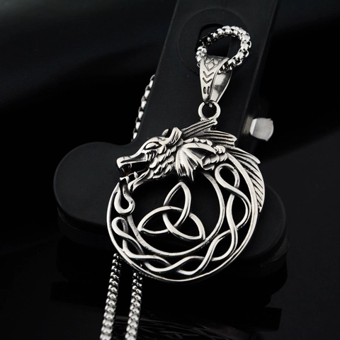 Collana con Ciondolo Drago Celtico in Acciaio Inossidabile Vintage Argento Triquetra Viking Hip Hop Punk Gioielli Uomo Donna