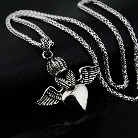Collana con Ciondolo Cuore Ali Corona in Acciaio al Titanio Gotico Punk Argento Antico Gioielli Hip Hop Rock per Uomo Donna