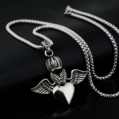 Collana con Ciondolo Cuore Ali Corona in Acciaio al Titanio Gotico Punk Argento Antico Gioielli Hip Hop Rock per Uomo Donna