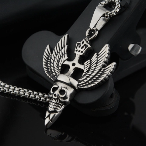 Gothic Vintage Titanium Steel Skull Wings Pendant Necklace Punk Distressed Crown Cross Men Women Hip Hop Jewelry Gift