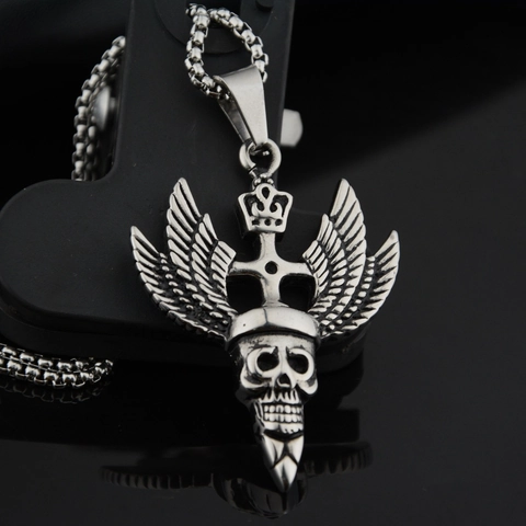 Gothic Vintage Titanium Steel Skull Wings Pendant Necklace Punk Distressed Crown Cross Men Women Hip Hop Jewelry Gift