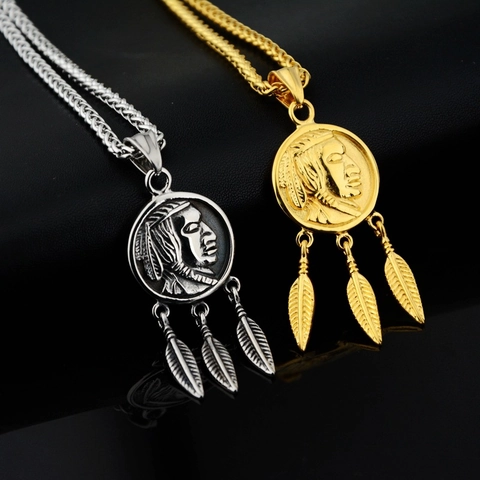 Vintage Indian Chief Coin Three Feather Pendant Necklace Titanium Steel Ethnic Style Wheat Chain Jewelry For Men Women