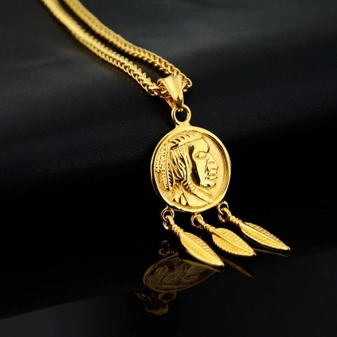 Vintage Indian Chief Coin Three Feather Pendant Necklace Titanium Steel Ethnic Style Wheat Chain Jewelry For Men Women