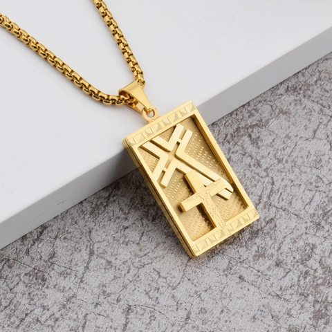 Hiphop Roestvrij Staal Kruis Hanger Halsketting Goud Verguld Gegraveerd Spaans Gebed Rechthoekig Religieuze Sieraden Unisex