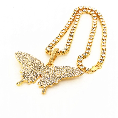 Hip Hop Luxe Legering Zirkonia Vlinder Hanger Ketting Met Tennisketen Goud Zilver Bling Vlinder Sieraden Voor Vrouwen