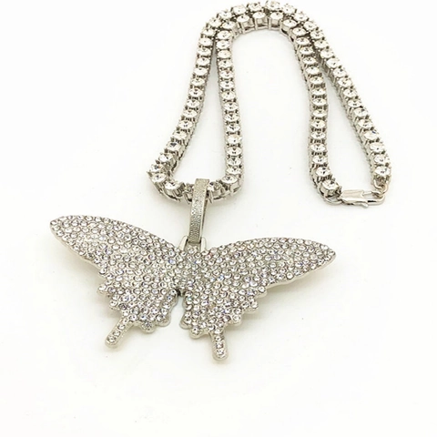 Hip Hop Luxe Legering Zirkonia Vlinder Hanger Ketting Met Tennisketen Goud Zilver Bling Vlinder Sieraden Voor Vrouwen
