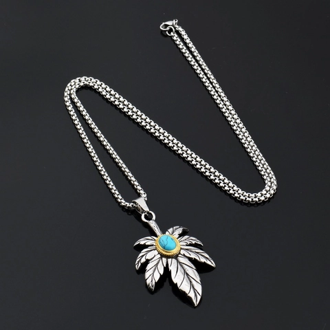 Vintage Titanium Steel Leaf Pendant Necklace Hip Hop Punk Jewelry With Artificial Turquoise Inlay For Men Women