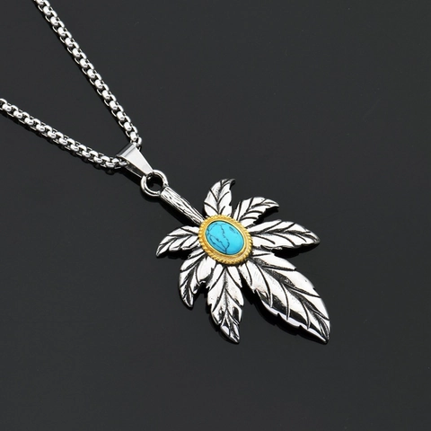 Vintage Titanium Steel Leaf Pendant Necklace Hip Hop Punk Jewelry With Artificial Turquoise Inlay For Men Women