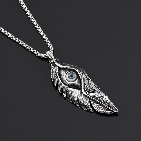 Collar con Colgante de Pluma y Ojo de Acero de Titanio Punk Gótico para Hombre Mujer Joyería de Hip Hop Retro