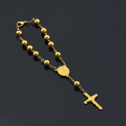 Pulsera de Rosario de Acero de Titanio Religiosa Crucifijo Cruz Cuentas Pulsera Unisex Hip Hop Joyería para Hombre Mujer