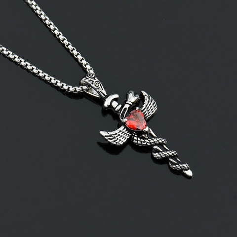 Stainless Steel Gothic Sword Wings Snake Cross Pendant Necklace With Red Rhinestone Hip Hop Punk Jewelry For Men Women