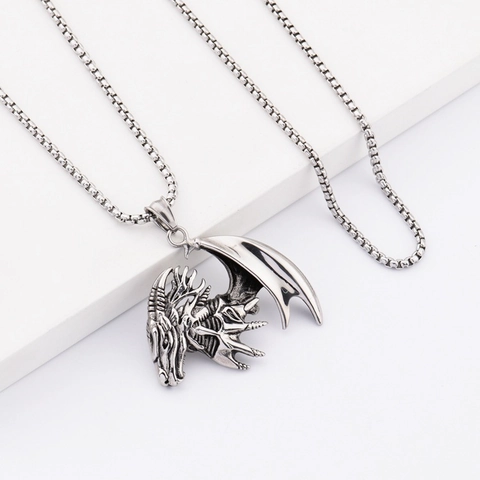 Stainless Steel Flying Dragon Head Pendant Necklace Hip Hop Punk Gothic Vintage Silver Box Chain Necklace Jewelry For Men Women