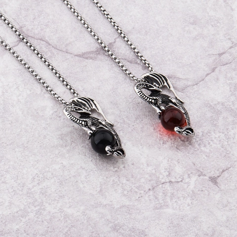 Collana con Ciondolo Drago in Acciaio Inossidabile per Uomo Donna Hip Hop Retro Punk Drago Volante Perlina Rotonda Gioielli