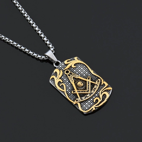 Retro Freemasonry Square Compass Pendant Necklace Stainless Steel Hip Hop Two Tone Gold Silver Mason Jewelry For Men Women