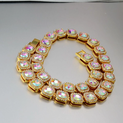 Collana Hip Hop Uomo Donna Catena a Maglie Cubane 12mm Oro Argento Placcato Lega Multicolore Nero Strass Gioielli