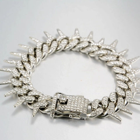 Bracciale Cuban Link Hip Hop Con Punte per Uomo Lega Strass Stile Punk Street Fashion Gioielli da Polso