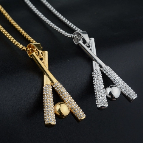 Hip Hop Titanium Staal Honkbalknuppel Hanger Ketting Strass Gekruiste Knuppels Sport Sieraden Voor Mannen Vrouwen Kettingen