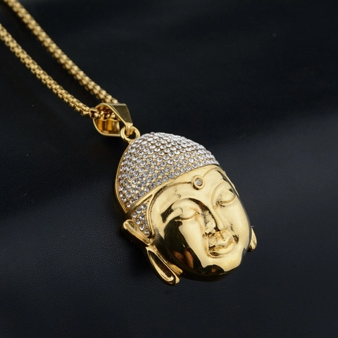 Hip Hop Buddha Head Pendant Necklace Stainless Steel Rhinestone Inlaid Religious Jewelry For Men Women Gold Silver Box Chain