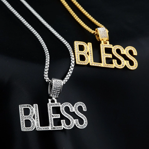 Titanium Steel Pave Rhinestone BLESS Letter Pendant Necklace Hip Hop Iced Out Box Chain For Men Women Street Trendy Jewelry