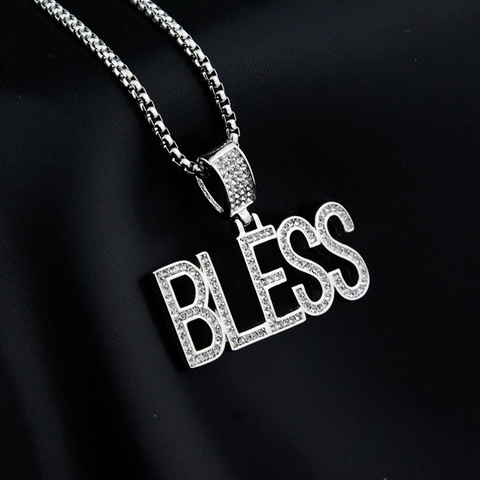 Titanium Steel Pave Rhinestone BLESS Letter Pendant Necklace Hip Hop Iced Out Box Chain For Men Women Street Trendy Jewelry