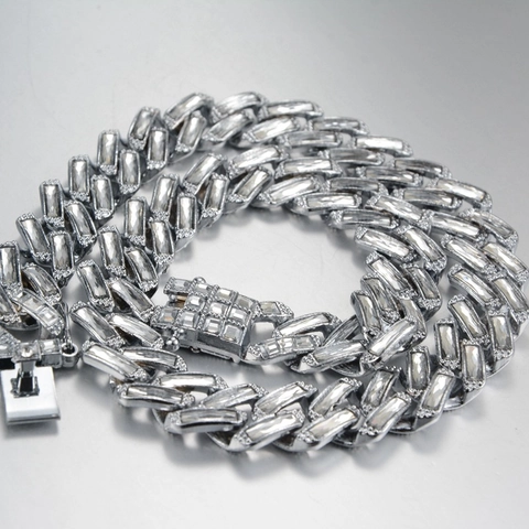 Set Collana e Bracciale Catena a Maglia Cubana da Uomo Hip Hop 14mm Strass Quadrati in Lega Placcata Oro Argento Iced Out