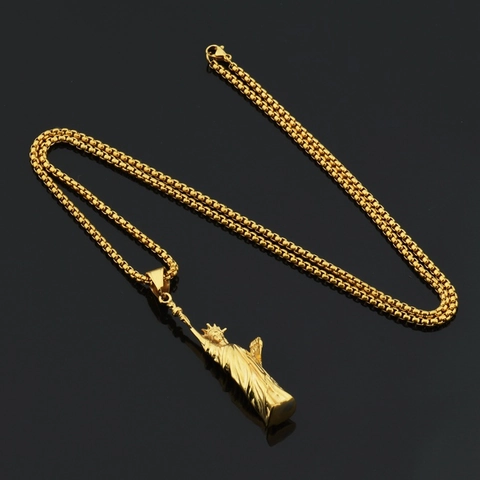 Hip Hop Lady Liberty Pendant Necklace Stainless Steel Box Chain Gold Plated Relief Statue Necklace For Men Women Nightclub Party Jewelry