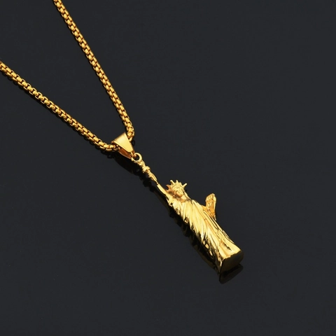 Hip Hop Lady Liberty Pendant Necklace Stainless Steel Box Chain Gold Plated Relief Statue Necklace For Men Women Nightclub Party Jewelry