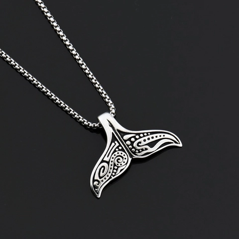Vintage Edelstahl Totem Walschwanz Anhänger Halskette Für Herren Damen Tribal Polynesischen Stil Silber Fischschwanz Schmuck