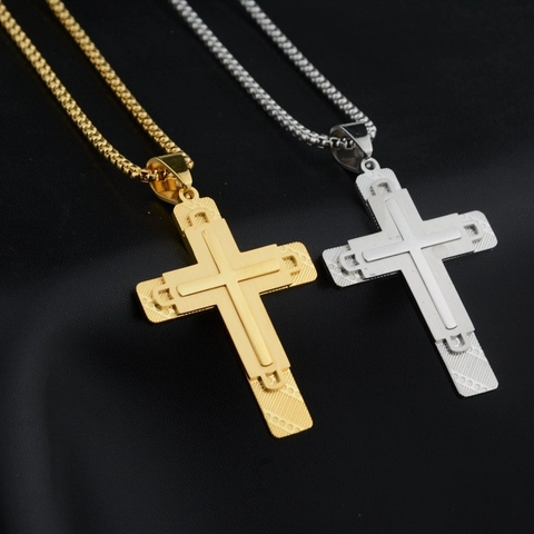 Roestvrij Staal Driedubbele Laag Kruis Hanger Halsketting Hip Hop Punk Gothic Religieuze Sieraden Voor Mannen Vrouwen Goud Zilver