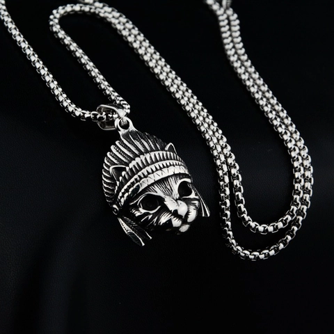 Titanium Steel Indian Chief Cat Head Pendant Necklace Retro Oxidized Rhinestone Hip Hop Jewelry For Men Women