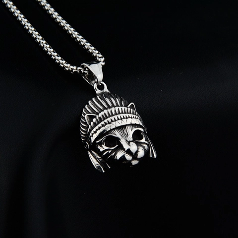 Titanium Steel Indian Chief Cat Head Pendant Necklace Retro Oxidized Rhinestone Hip Hop Jewelry For Men Women