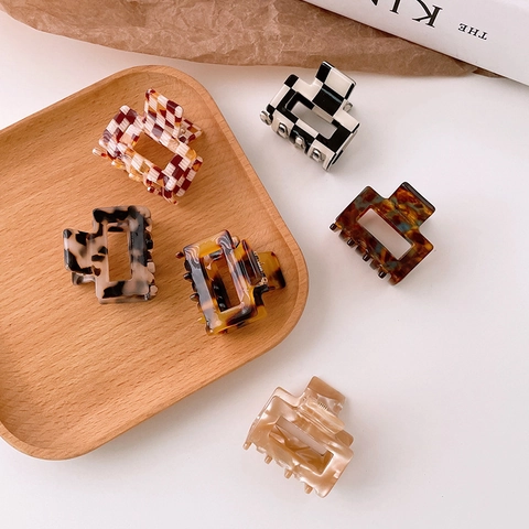 Korean Acetate Small Square Hair Claw Clip Checkered Tortoiseshell Marble Pattern Geometric Hair Accessories For Women