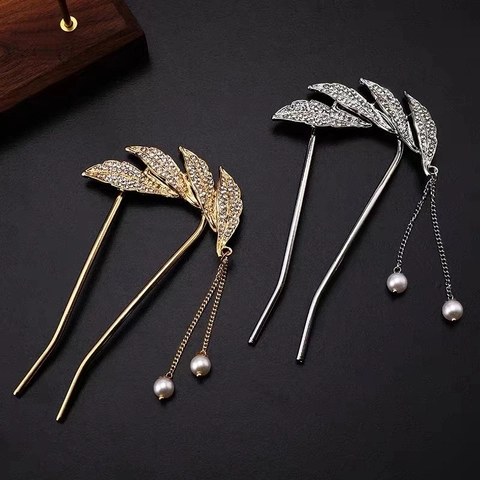 Elegante Legering Strass Blad Haarspeld Met Kunstparel Kwastje U-Vormige Metalen Haarvork Voor Vrouwen Bruiloft Feest Haar Sieraden