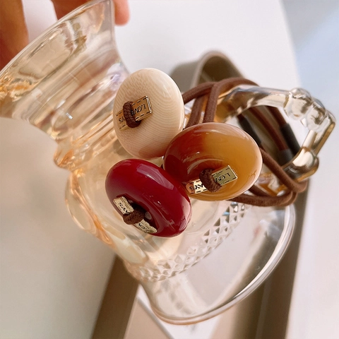 Vintage Acrylic Button Elastic Hair Tie For Women Retro Geometric Round High Stretch Hair Band Love Days Decor Scrunchie
