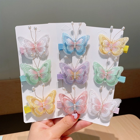 Lindas Pinzas para el Cabello de Mariposa para Niñas Bordado 3D de Tela con Perlas Artificiales Accesorios Princesa