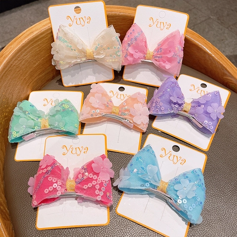 Sweet Handmade Mesh Bow Hair Clips For Girls Sequin Flower Hairpins Kids Princess Hair Accessories 7 Colors Available