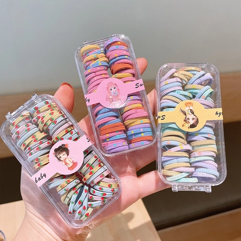 Kids Mini High Elastic Hair Ties Set With Storage Box Cute Fruit Star Print Seamless Thumb Hair Bands For Girls Jewelry