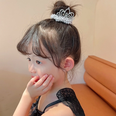 Kids Princess Style Alloy Crown Hair Ties With Artificial Pearl And Rhinestones Sweet Girl Bun Elastic Hair Band Accessories