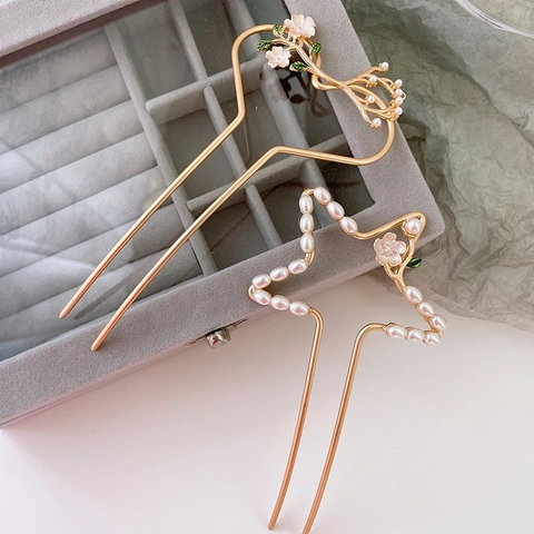 Palillo para el Pelo Vintage de Aleación Dorada Corazón Estrella Flor Con Perla Artificial de Imitación Elegante Horquilla en U para Mujer