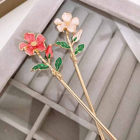 Vintage Chinese Style Alloy Lily Of The Valley Pear Blossom Hair Stick Enamel Flower Hair Pin For Hanfu Women Hair Accessories Elegant