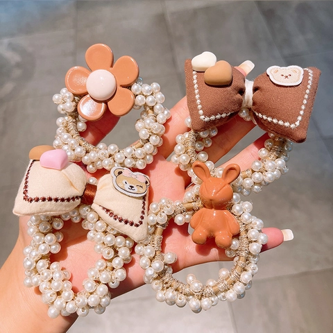 Kids Faux Artificial Pearl Elastic Hair Ties Cute Bear Rabbit Bow Floral Designs Korean Style Sweet Hair Accessories For Girls