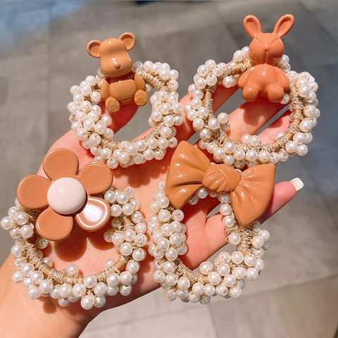Kids Faux Artificial Pearl Elastic Hair Ties Cute Bear Rabbit Bow Floral Designs Korean Style Sweet Hair Accessories For Girls