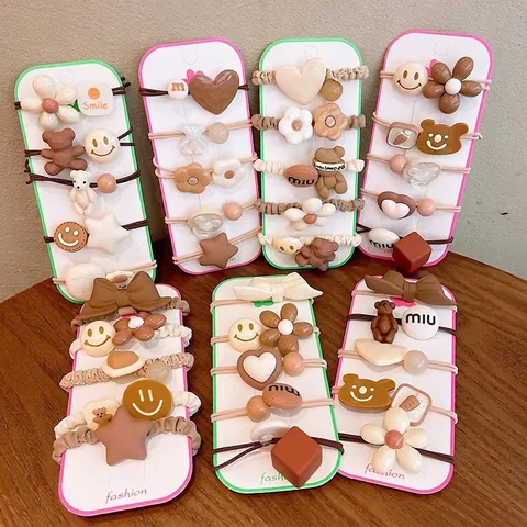 Kids Cute Bear Heart Flower Hair Ties High Elastic Brown Beige Resin Charm Ponytail Holder Girls Hair Accessories