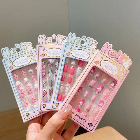 Cartoon Kids Press On Nails For Girls Detachable Nail Stickers With Unicorn Rainbow Stars Heart Pattern Artificial Nail Art Decor