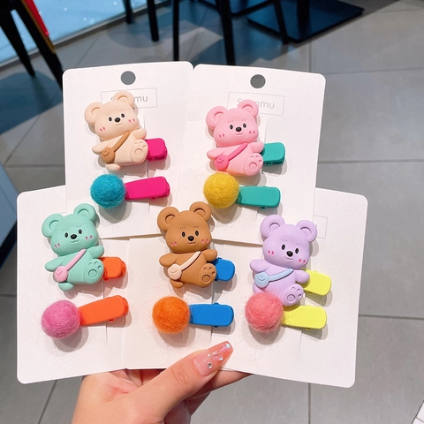 Set di Fermagli per Capelli con Orsetto Cartone Animato per Bambine con Pompon in Lega Fatti a Mano Accessori per Capelli