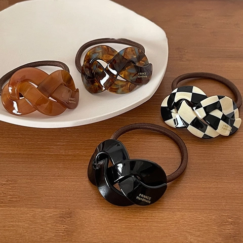 Élastique à Cheveux en Plastique à Damier avec Nœud Haute Élasticité Corde à Cheveux Durable Style Coréen Femme Bijoux