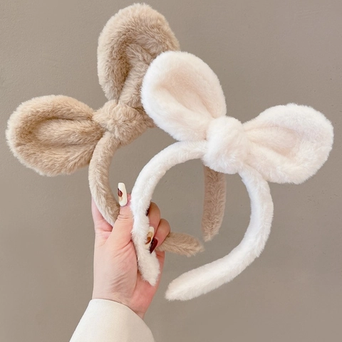 Cute Plush Rabbit Ear Headband Soft Faux Fur Hairband For Washing Face Makeup Spa Elastic Bow Knot Hair Accessories For Women Girls