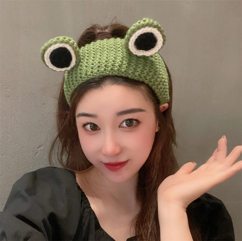Cute Frog Big Eyes Knitted Handmade Crochet Headband Non-Slip Wide Brim Wool Hair Band For Women Girls Washing Face Hair Accessory