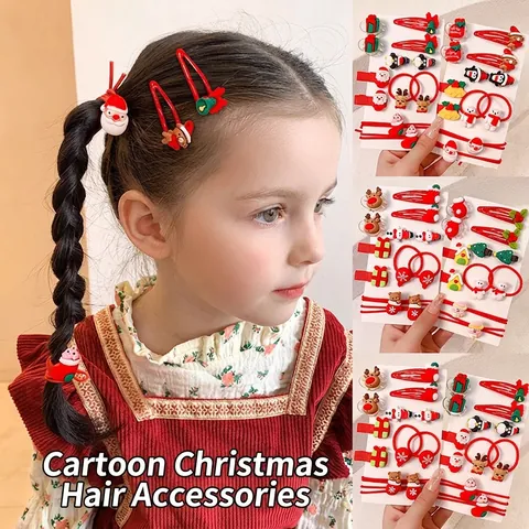 Ensemble Accessoires Cheveux Noël Enfants Père Noël Renne Bonhomme de Neige Motif Élastiques Rouges Barrettes BB Cadeaux Fête Fille